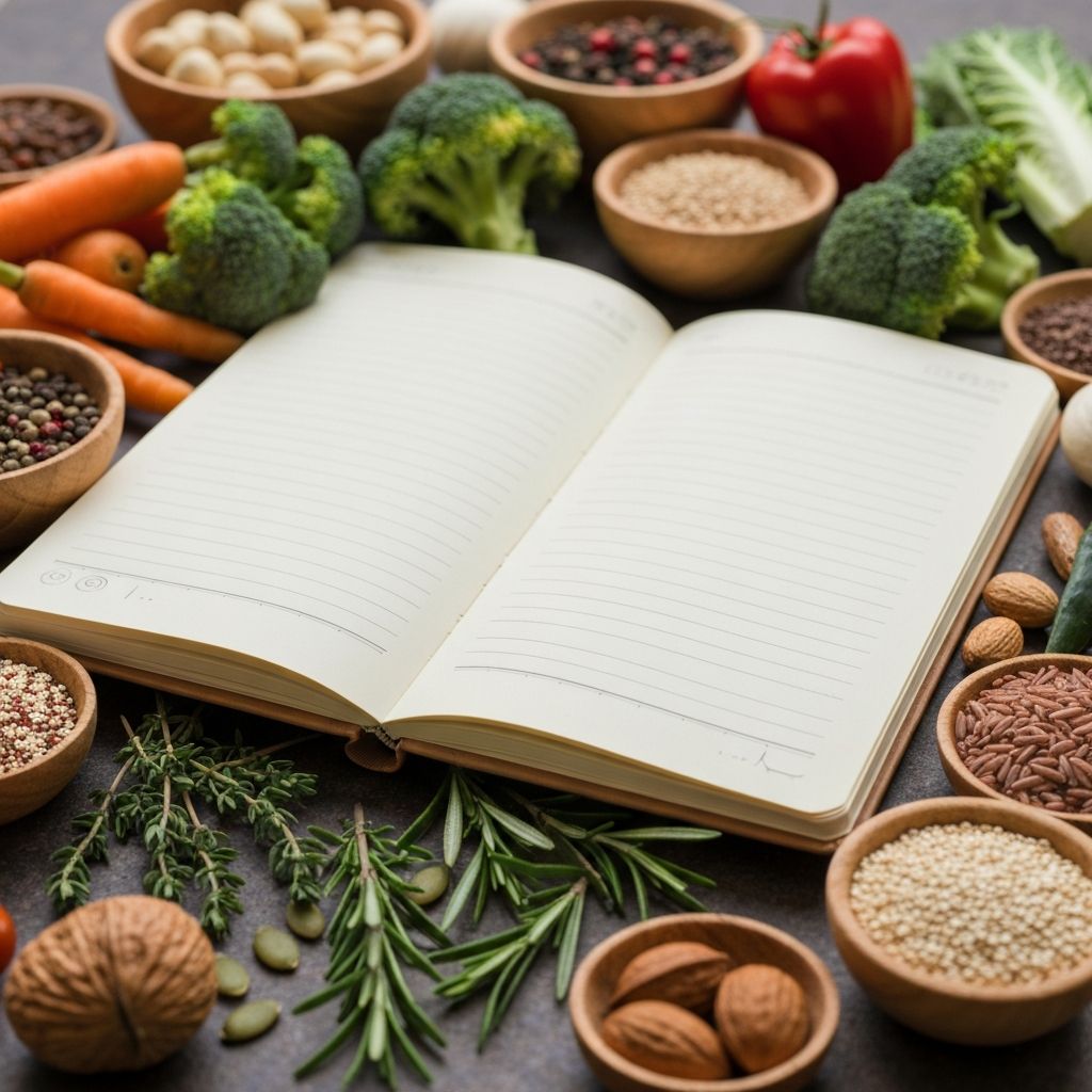 Fresh ingredients and notebook for learning